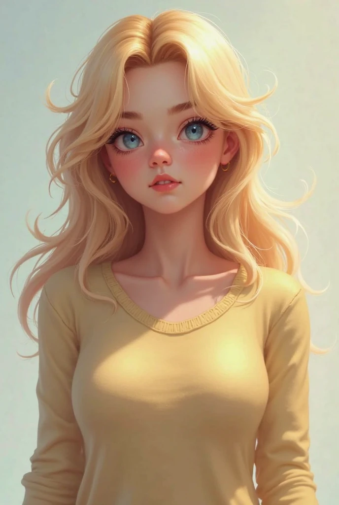 Character from League of Legends. a young woman with long hair,  blond and slightly wavy. Her skin is clear and has a natural glow. His eyes are a light shade of blue, and has delicate and harmonious features. Her lips are plump and have a pink tone. She w...