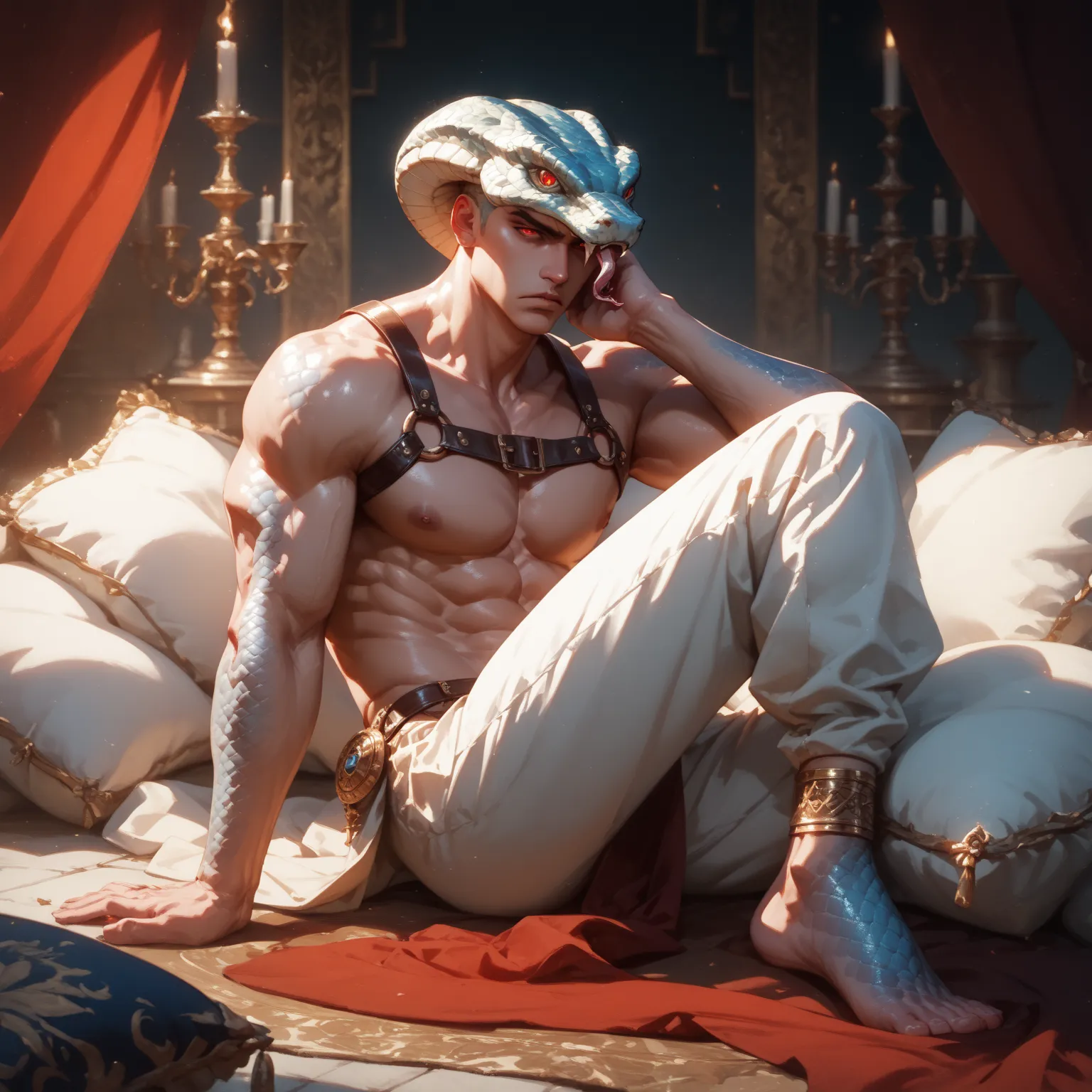 ((Oil painting style, Masterpiece)) realistic gorgon, male, glossy skin, snakes on head, soft stomach, wearing a sheer loin cloth, wearing leather harness, casual pose, opal scales, red colored eyes, grim expression, square jaw, lounging on pile of pillows...