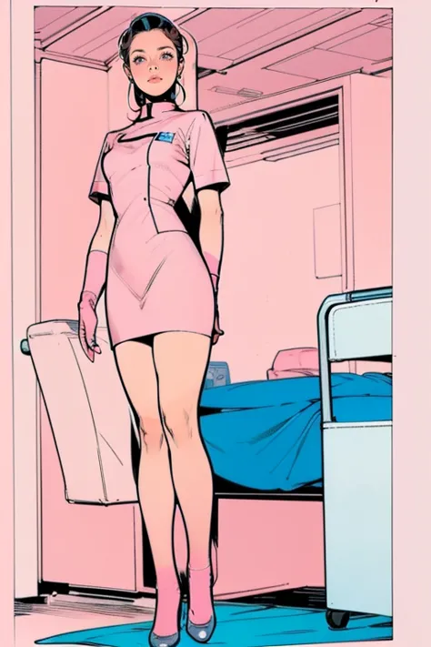 (masterpiece:1.2, Best Quality),8k, wallpaper,((Marvel Comic art, thick outline, flat color:1.3)),(Vivien Lee as nurse), view from front, ((full body, pink nurse uniform, standing by the bed in the hospital room)), perfect eye,detailed face, kindly express...