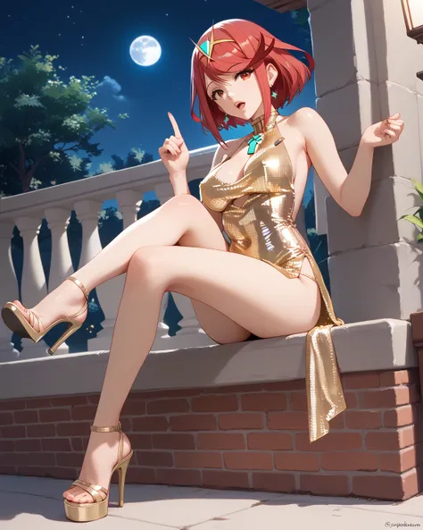 score_9, score_8_up, score_7_up, score_6_up, source_anime, anime, solo, 1girl, pyra \(xenoblade\), 1girl, red hair, short hair, swept bangs, bob cut, red eyes, earrings, disco dress, microdress, full body, high heels, outdoors, sitting on little wall, nigh...