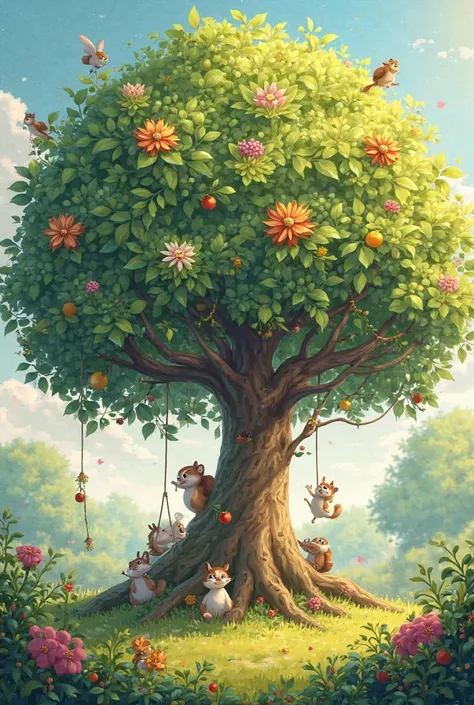 A tree with flowers birds squirrels and fruits
