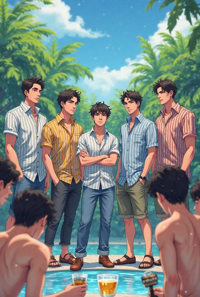 Created as an anime figure, several men stand lined up in cool striped shirts as boys are pooling, drinking alcohol.