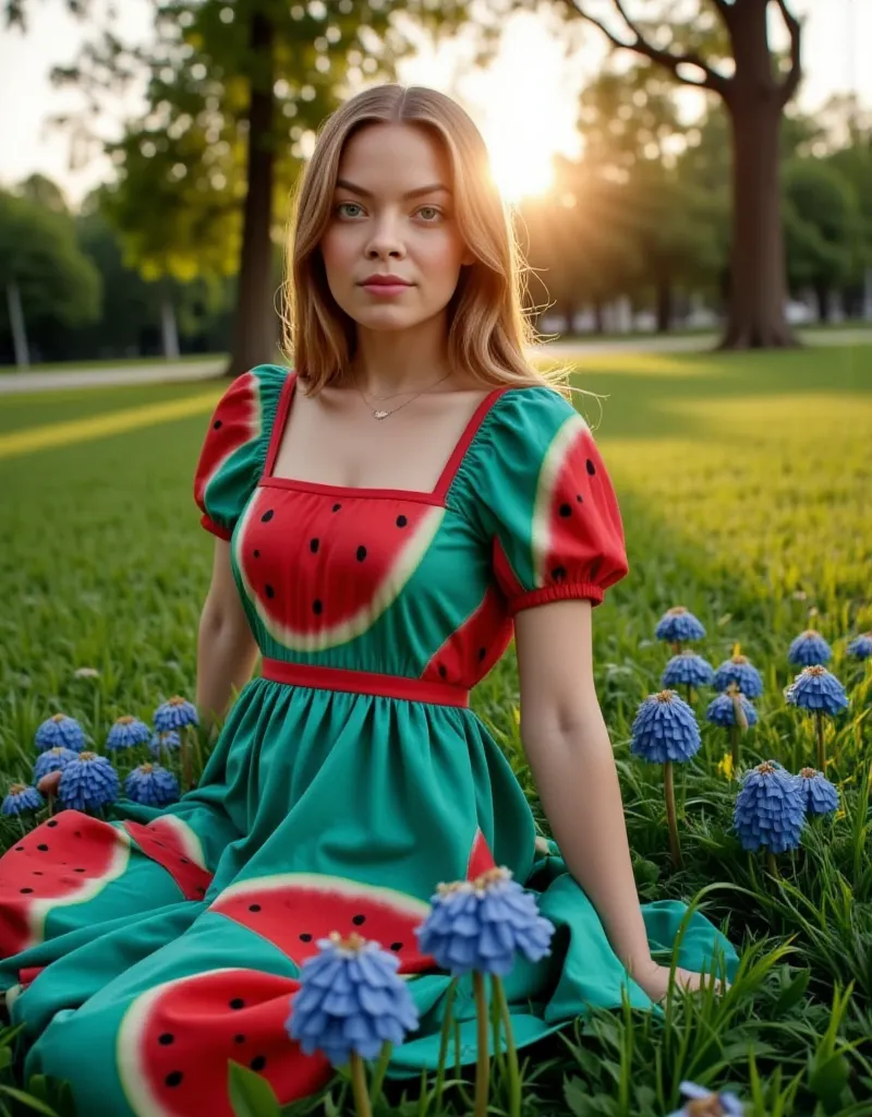 A candid yet refined photograph of a young woman with warm light-brown hair, slightly wavy at the ends, falling freely over her shoulders.

She wears a vibrant and whimsical dress that immediately draws attention with its intricate watermelon-inspired desi...