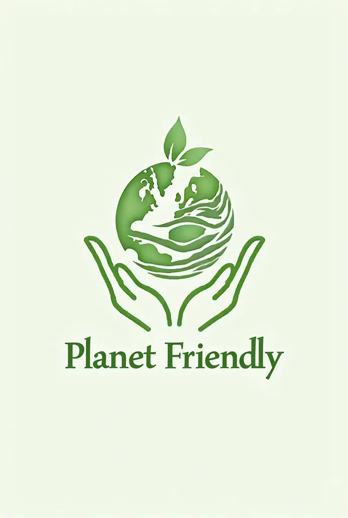 Create a sleek, modern, and visually compelling logo for 'Planet Friendly' that embodies sustainability, care, and ecological harmony. The design should feature two elegantly outlined hands gently cradling a stylized planet, symbolizing protection and a de...