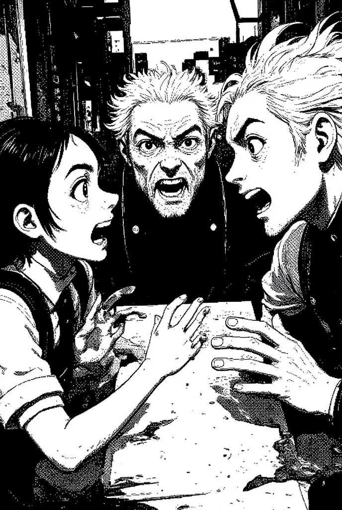 a poster showing three characters arguing around a table, detailed facial features of the arguing characters, their posture and expressions, professional, ff-comic, bw_pixel_anime, black and white