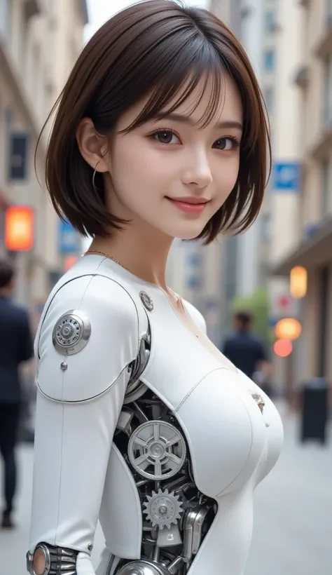 A robot with a beautiful Japanese face with a short cut where the stomach, thighs, and one side of the chest can be seen through and mechanisms such as internal gears are visible,(smile:1.5),(big breasts:1.3),( above the knee:1.5)