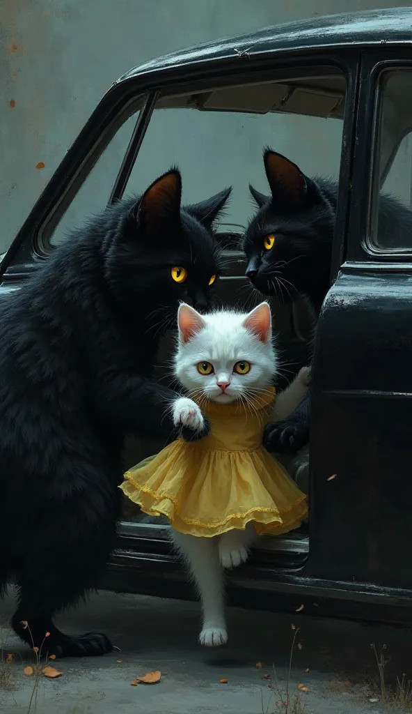 Two black cats inside a black car are forcing a baby white cat wearing a yellow dress inside the car.