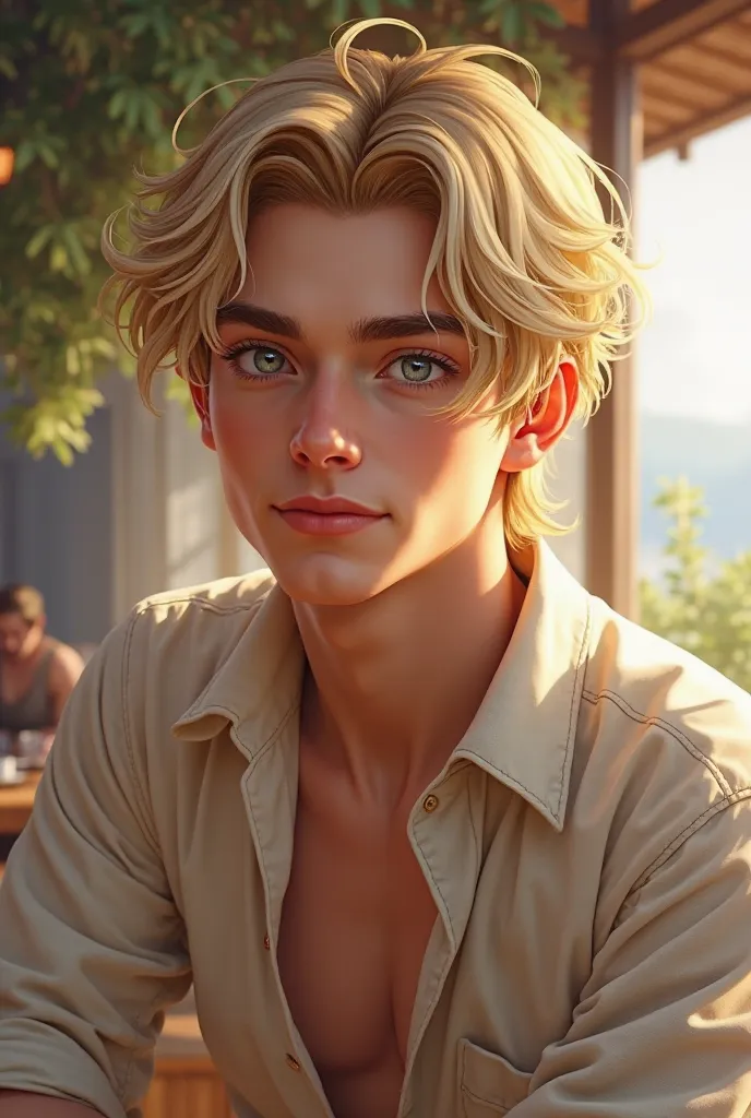 Character from League of Legends. a young man with blond hair, and with a carefree cut that gives him a youthful air. her eyes are light,  gray , and has harmonious features with a well-defined face. His skin is fair and his expression is calm,  with a fri...