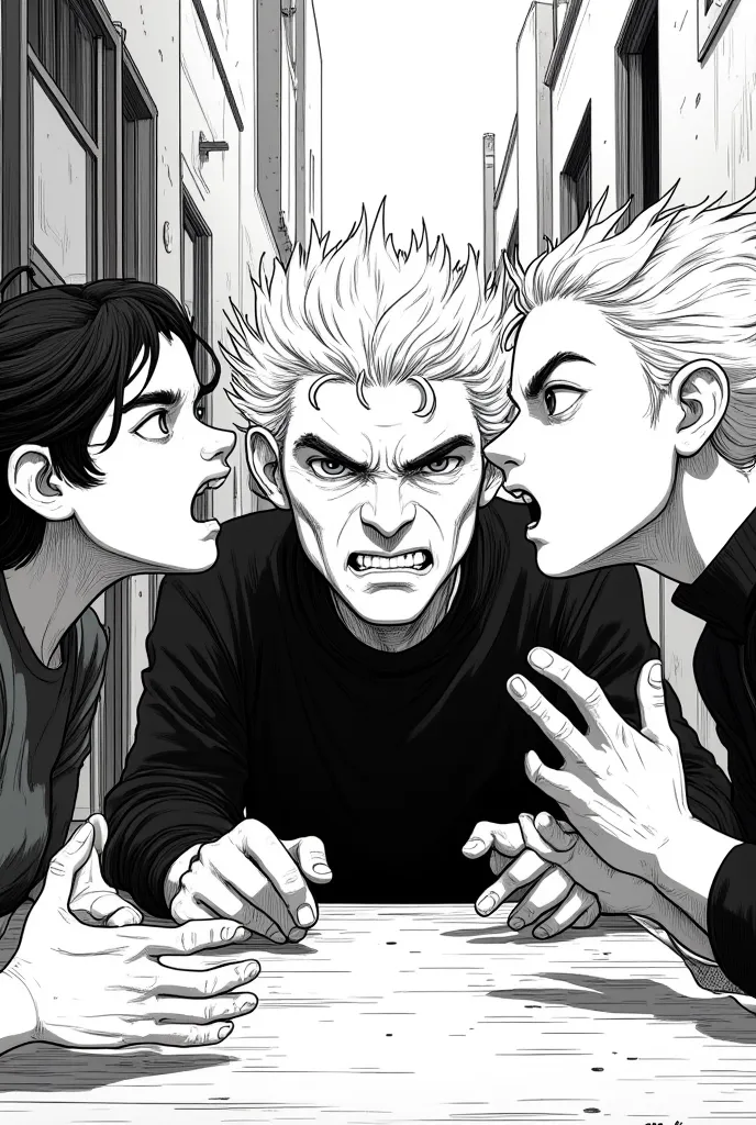 a poster showing three characters arguing around a table, detailed facial features of the arguing characters, their posture and expressions, professional, ff-comic, bw_pixel_anime, black and white