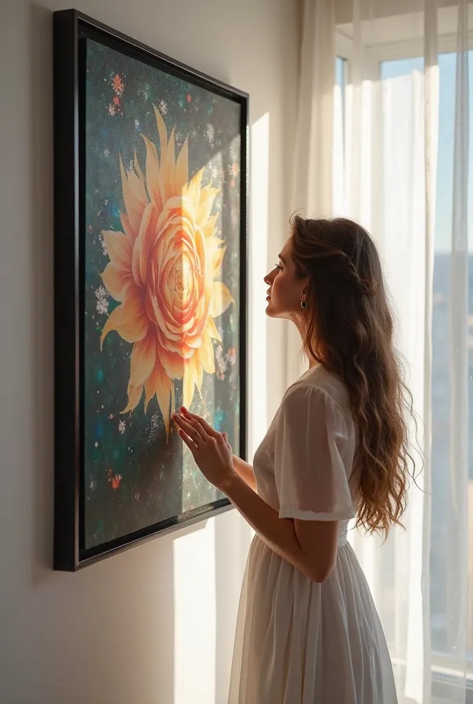 "A young woman with long, flowing hair walks up to a stunning printed canvas artwork, beautifully displayed on a wall. The high-resolution print features vibrant colors and intricate details, bringing the image to life. As she reaches out, her fingers gent...