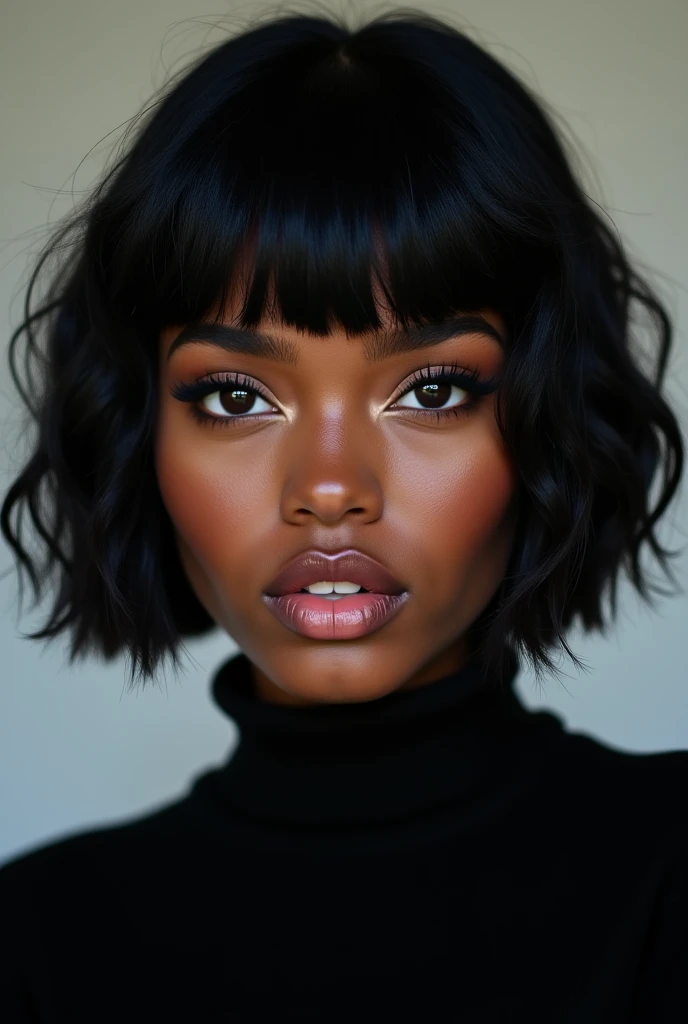 a woman with a black hair and a black sweater, black bangs, black girl, short black hair with bangs, black bob haircut, dark-skinned, black bob hair, maria borges, dark black skin tone, photo of a black woman, messy black bob hair, black hime cut hair, dar...