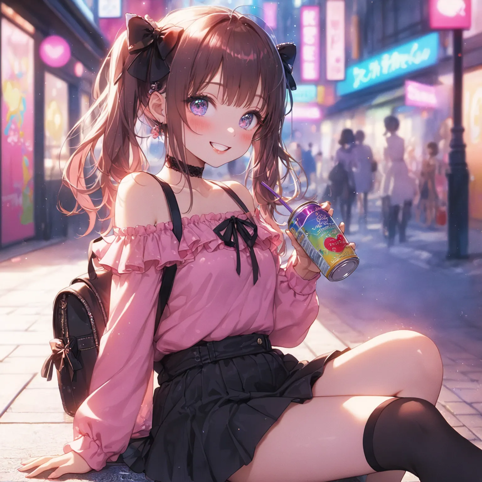 Beautiful facial features, Exquisite makeup, Exquisite eyes,detailed,(kindness:1.3),(soft focus:1.4),kawaii,bright,blush,shiny,looking at viewer,smile,teeth,ribon,Drinking canned juice with a straw stuck in it