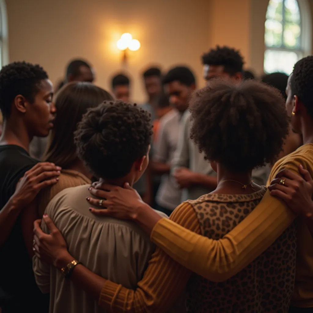 A group of black people gathered in a circle inside a softly lit church, praying together. Some have their heads bowed, others hold hands or place comforting hands on each other's shoulders. The lighting is gentle and natural, coming from warm overhead fix...