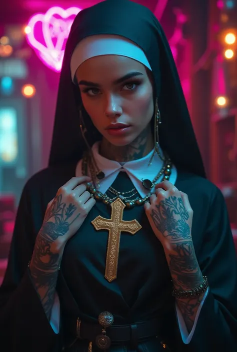 Full body view of a young beautiful tattooed nun with a modern twist. She wears traditional nun attire with a white veil, her hands adorned with intricate tattoos. Barefoot. Her expression is defiant. Action dramatic pose. She wears a large gold cross neck...