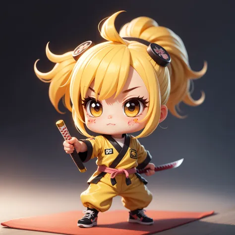 Kawaii, Chibi anime-style character, inspired by Kill Bill, wearing a yellow jumpsuit with black stripes, holding a mini katana, fierce but cute expression, golden hair in a small ponytail, blood splashes on outfit, standing on a tiny tatami mat, bold whit...