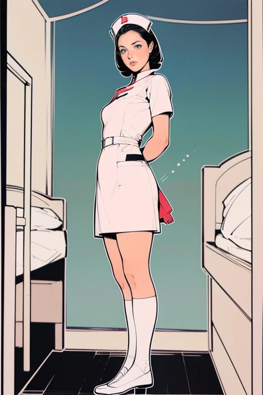 (masterpiece:1.2, Best Quality),8k, wallpaper,((Marvel Comic art, thick outline, flat color:1.3)),(Vivien Lee as nurse), view from front, ((full body, nurse uniform, standing by the bed in the hospital room)), perfect eye,detailed face, kindly expression ,