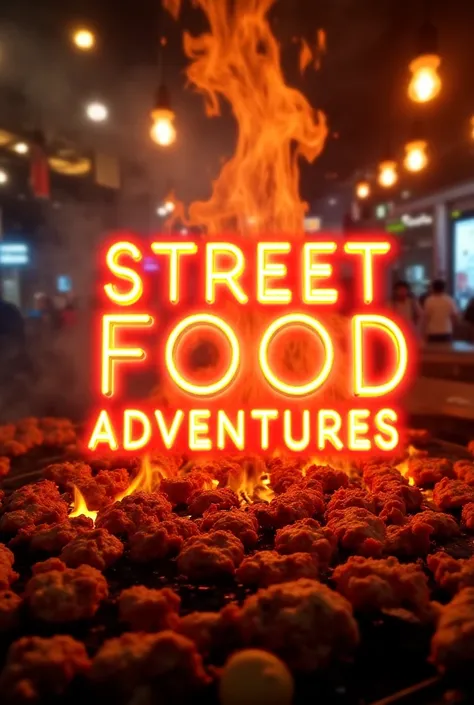 "A vibrant and dynamic YouTube banner showcasing the essence of street food. The background is filled with sizzling grills, juicy burgers, spicy chaat, colorful skewers, and steaming hot samosas. The atmosphere is lively with neon-style glowing text that s...