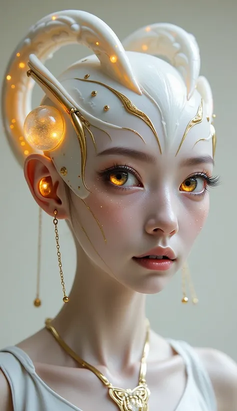 A stunning extraterrestrial being with smooth, porcelain-like skin that glows subtly. Her face is humanoid with delicate features, slightly elongated, and adorned with intricate golden and amber-colored markings. She has large, captivating eyes with shimme...