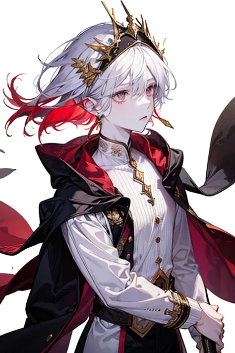 White background , 1boy  , pale skin , megami magazine , (red hair) , short hair , expressionless , (Silver eyes) , pointy ears , fantasy alchemist , gold earrings , I'm wearing a hood over my head