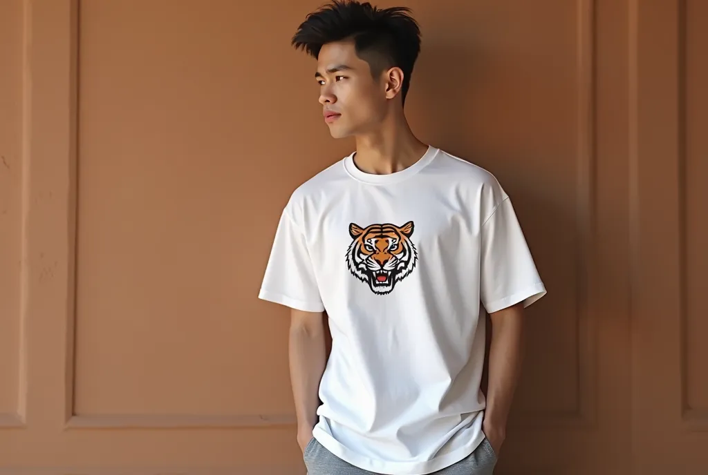 A 22-year-old handsome young Asian man is standing casually,wearing a short white t-shirt,in his didada is a tiger logo,black haired rafi is thin next to the side,brown wall rear taler.