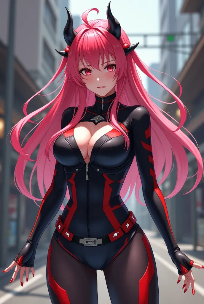 anime girl, big breasts, devil killer force uniform, long hair in red, baby pink, and light green, detailed facial features, serious expression, standing pose, 5+ scene elements, 4K, high resolution, photorealistic, fantasy world environment, dramatic ligh...