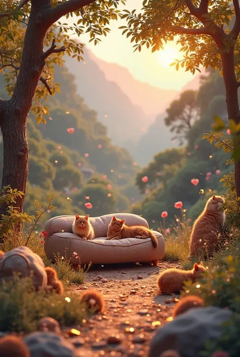 A luxurious valley and in the background we can see products such as toys and food and cats which all have a shiny spark effect on them. There should be a cozy couch in the middle of the valley where all this should be placed.