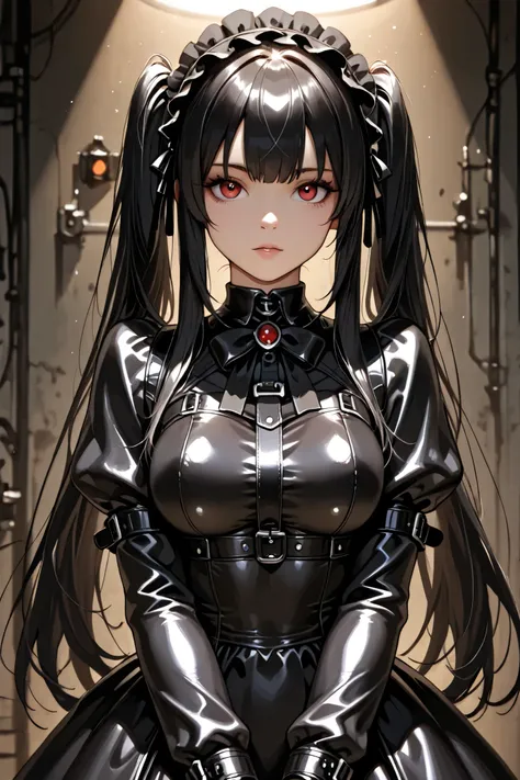  black hair、red, pale eyes、 straitjacket、Gothic Lolita、latex、( cyborg)、(Heavy Armor)、cute、 girl、 high school student、very big breasts、(Big Breasts)、 sexy、(anime style)、high image quality、high quality