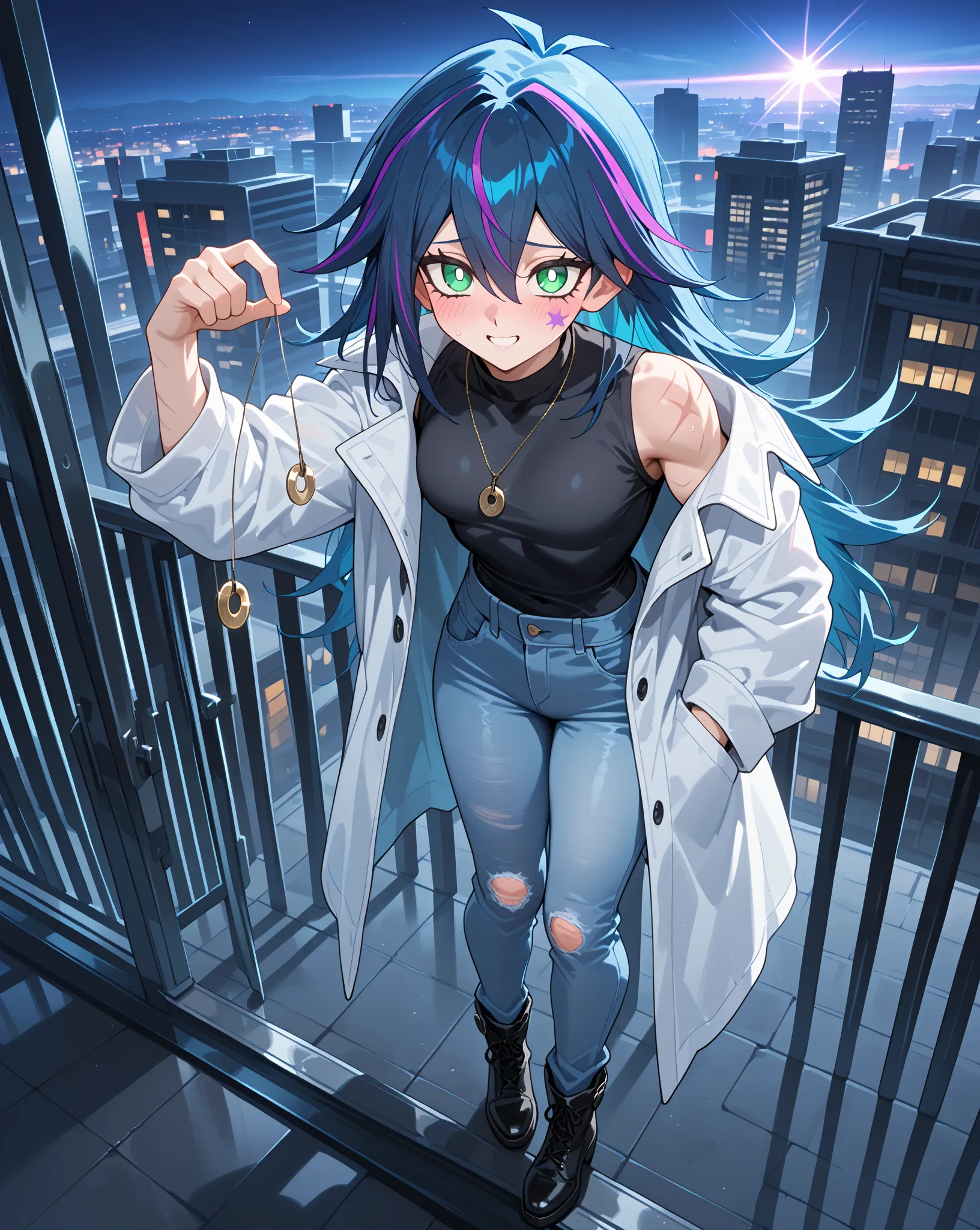 (masterpiece), best quality, expressive eyes, perfect face, Yu-gi-oh style, relaxing on the rooftop in Tokyo night city 

Appearance:A Young mysterious boy with very Long Messy but stylish dark blue hair with glowing purple highlights,Galaxy like blue and ...