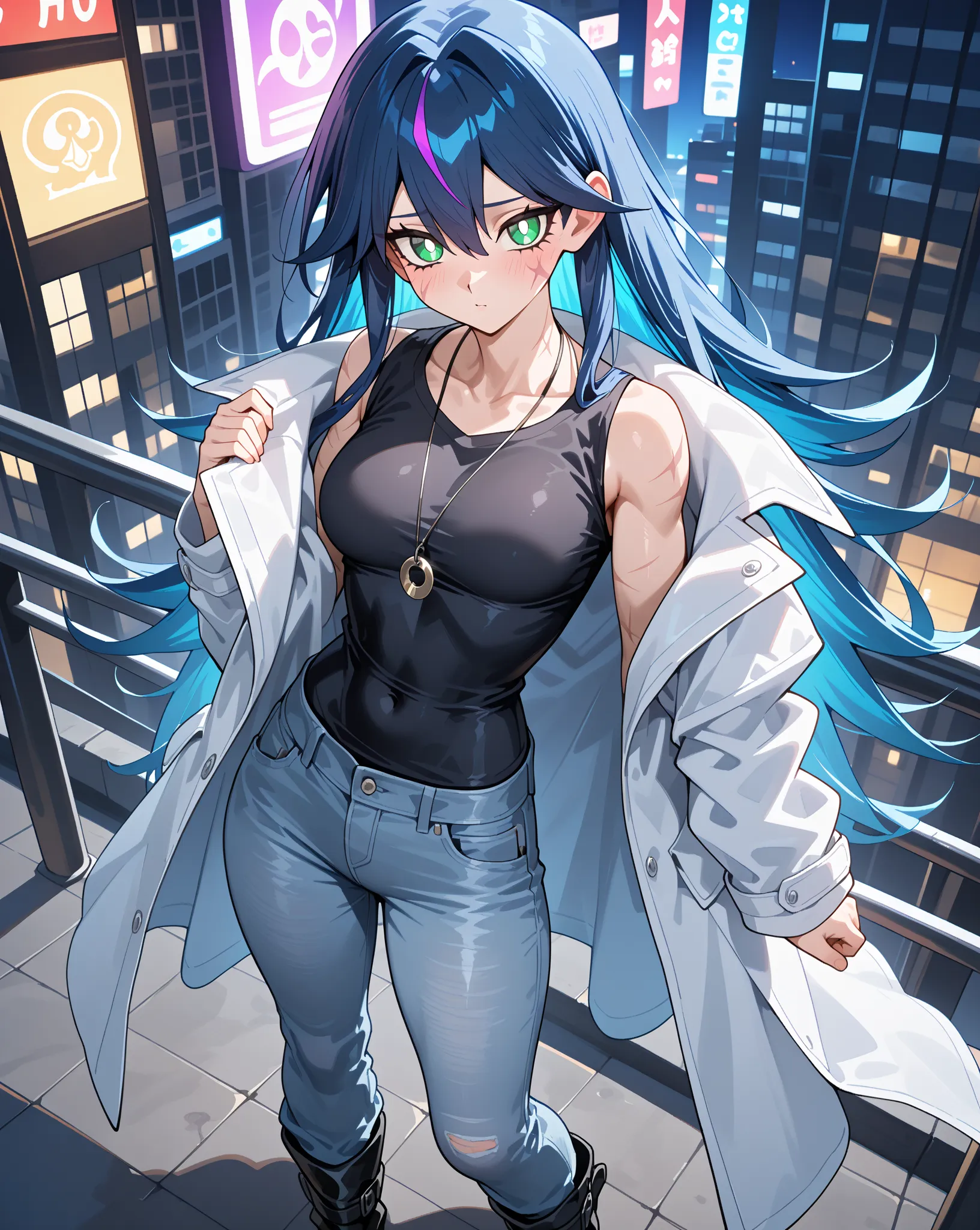 (masterpiece), best quality, expressive eyes, perfect face, Yu-gi-oh style, relaxing on the rooftop in Tokyo night city 

Appearance:A Young mysterious boy with very Long Messy but stylish dark blue hair with glowing purple highlights,Galaxy like blue and ...