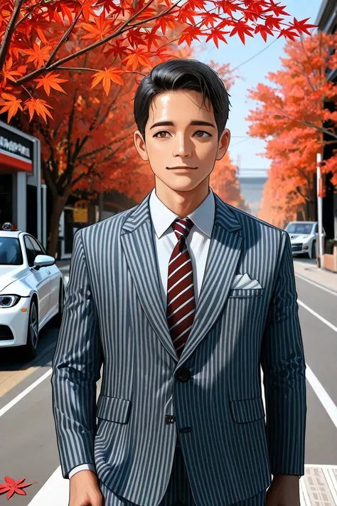 Bar counter background, (A man in a full light blue striped suit, white shirt, tie, about 2, Japanese male with a height of 180cm), Top quality, Masterpiece, Super high resolution, (Photo realism: 1.4), Original photo, (A man in a full light blue striped s...