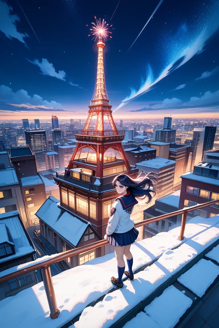 Anime-style illustration, oil painting style, night view of Tokyo at night, Tokyo Tower shining in the distance, heavy snow falling, looking at Tokyo Tower from the rooftop of a building, full body, standing, very beautiful woman, long hair swaying in the ...