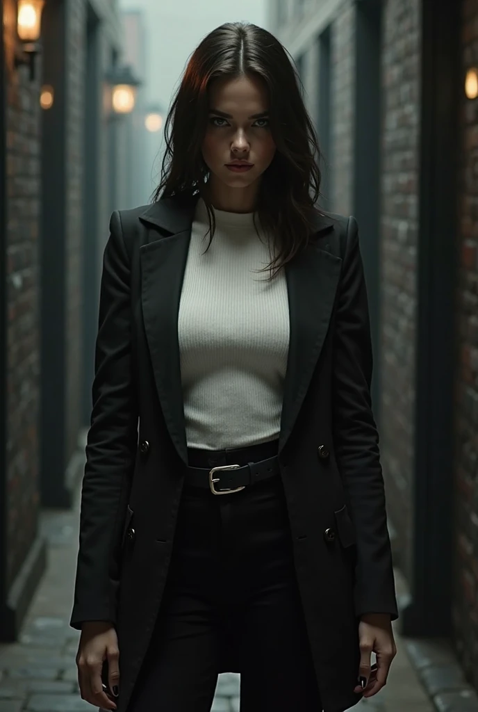 Mafia woman dressed in long sleeve black jacket under white ribbed t-shirt under skintight black pants and black buckle belt