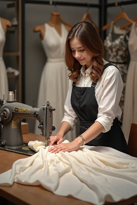 A Professional tailor’s workspace with a sewing machine, fabric rolls, and dress patterns. A skilled tailor is measuring and cutting fabric for an elegant women’s dress. The scene is well-lit, with a realistic and detailed style, showcasing precision and c...