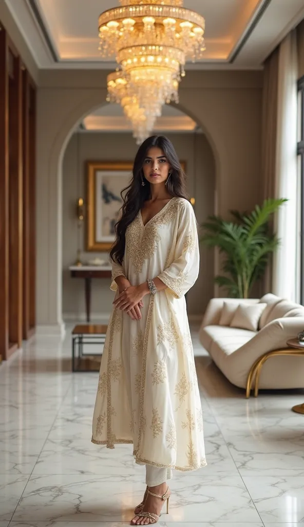 A confident Indian woman stands gracefully in a modern living space, wearing a stylish modern kurta and pajami that blend tradition with contemporary fashion. The elegant fabric drapes beautifully, featuring intricate embroidery or subtle patterns. She has...