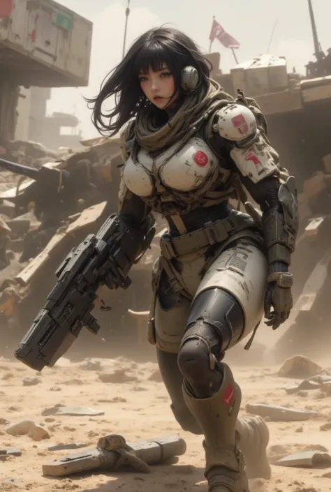 Realistic Near Future 、 realistic expression、 Standing in the Dust 、 Beautiful Japanese Women in Allied Special Forces、I connected the blaster gun to the、jpn mark 、 The damage battle suit 、Futuristic headgear、 pack-type energy bag that comes out of the coc...