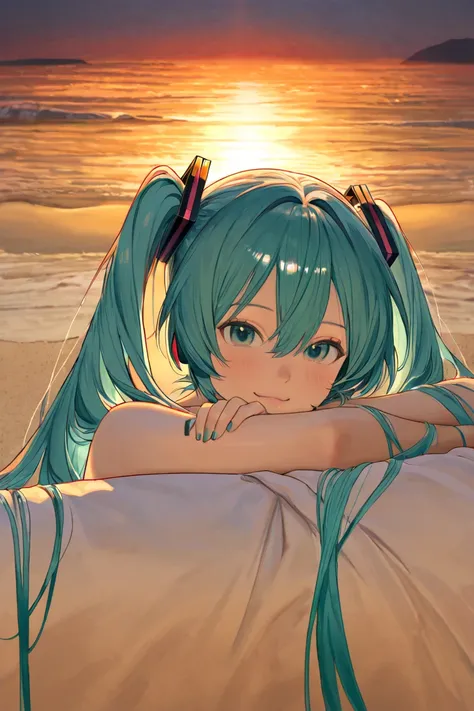 Hatsune Miku　beach　Hair down　naked　evening　 from below