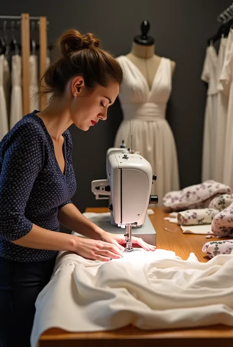 rofessional tailor’s workspace with a sewing machine, fabric rolls, and dress patterns. A skilled tailor is measuring and cutting fabric for an elegant women’s dress. The scene is well-lit, with a realistic and detailed style, showcasing precision and craf...