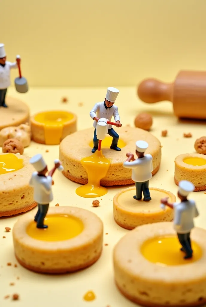 “A whimsical scene with tiny chef figurines wearing white hats, standing on oversized cookies. Some figures are crushing cookies with tiny hammers, while others pour melted butter from a miniature jug. The setting is a kitchen counter with small cheesecake...