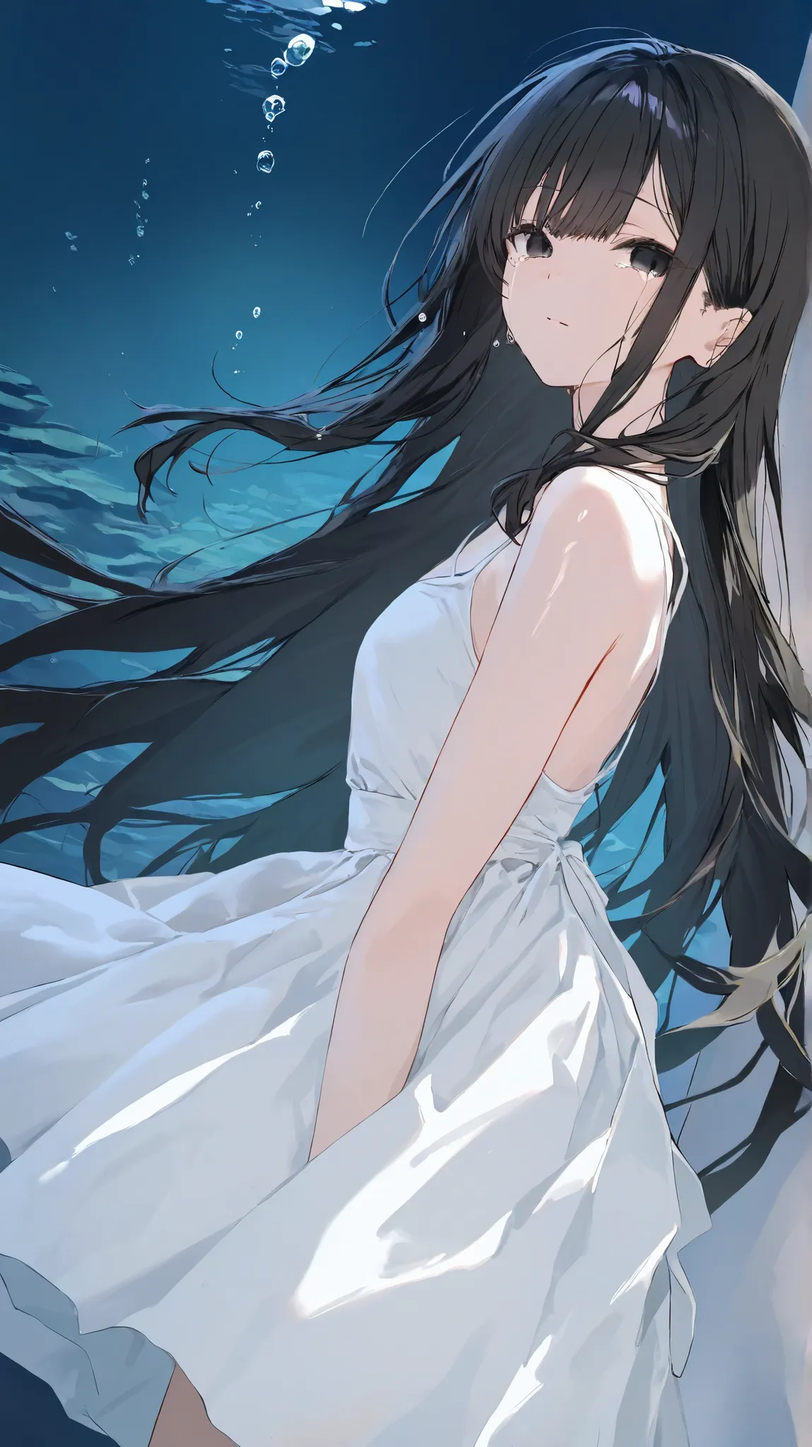 Solo,1girl
, deep sea, wallpaper,  Very beautiful girl, Bangs, Underwater, dark eyes, Empty eyes, peal purple and blunt หน้าม้า hair, very very long hair, Crying, Black hair, black eyes, breasts, young, white dress,เปียคู่, ตาปิด, ปากอ้ากว้างและกรีดร้อง, ห...