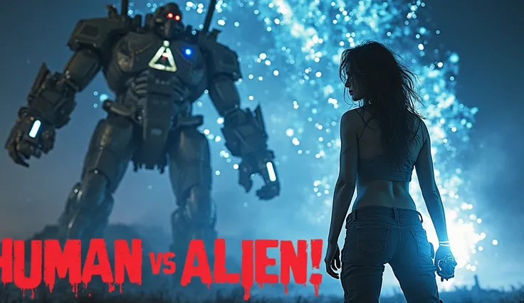 A dramatic sci-fi scene: a towering Xytherian robot explodes in a burst of blue sparks and smoke, Mia Torres-a fierce woman in her 30s with messy dark hair and a worn jumpsuit-stands in the foreground holding a glowing EMP device, starry night sky behind, ...