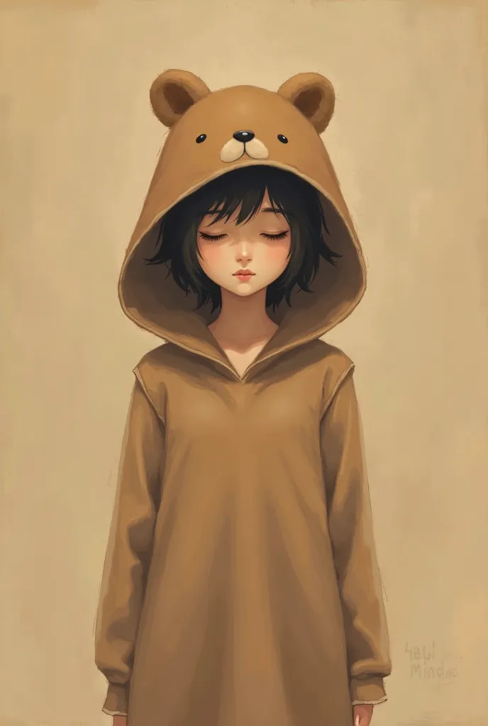 make a painted girl without a face with a bear hat in light brown clothes on a warm brown background