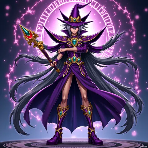 YU-GI-OH carte monstre, le magicien de lumière sombre dans un style de peinture anime Yu-gi-oh duel Monster , anime YU-GI-OH Duel Monster, image détallée.