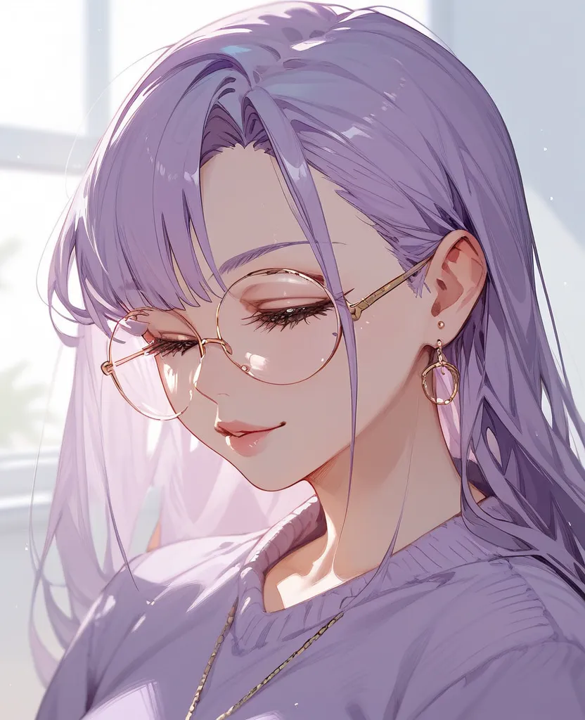 girl, long hair,big boobs,,Light purple sweatshirt, close eye,teacher,