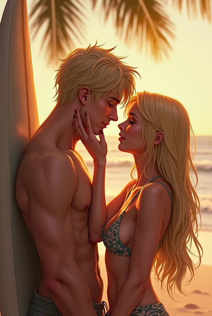 Character from League of Legends. a couple on the beach at a romantic and close moment. The scene has a warm and golden hue, probably at dusk. The girl, with long blond hair, With your hand touch the boy's face in an affectionate way, who is also blond and...