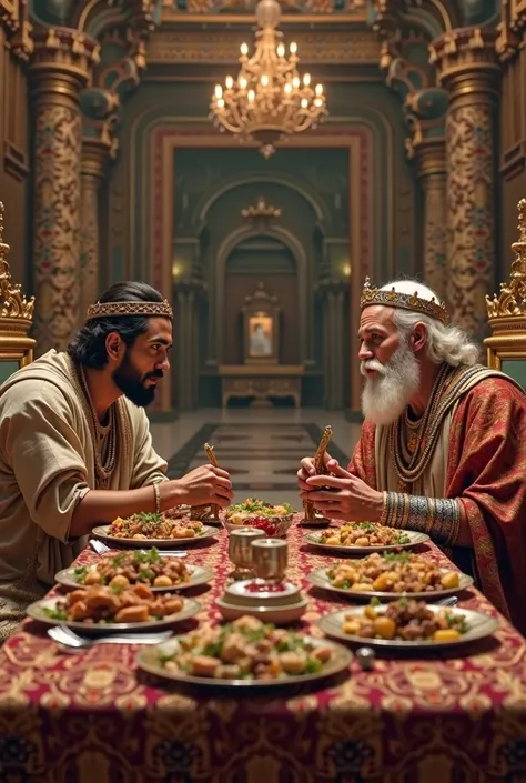 Draw a picture of a hungry Israeli eating food with the king at the table of the king of Babylon