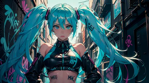 One upscale close-up of a high-pitched virtual singer in a neon-lit back alley, (Hatsune Miku), (Super Detail), (8K), ((Hip Hop Fashion)), (Graffiti Wall), (Hyperdetailed Face), (Confident Expression), (Upper Body Focus), (Standing with Energy), ((ultra hu...