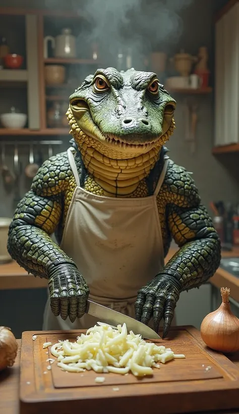 Crocodile cooking and cutting onions in the kitchen with apron realistic images 