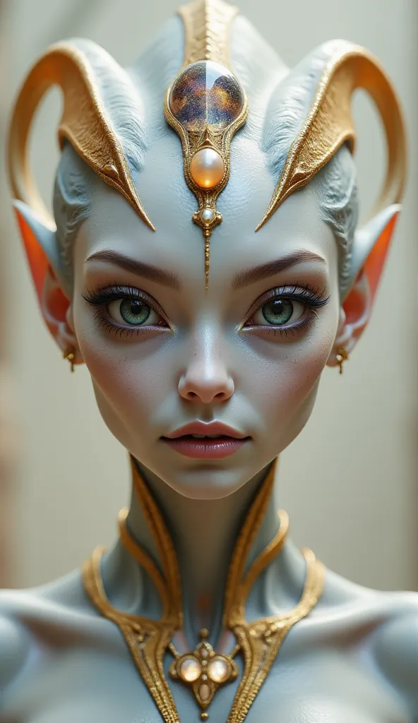 A stunning extraterrestrial being with smooth, porcelain-like skin that glows subtly. Her face is humanoid with delicate features, slightly elongated, and adorned with intricate golden and amber-colored markings. She has large, captivating eyes with shimme...