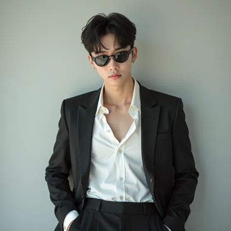 The real picture shows a handsome Korean Super Tar idol wearing a white Hawaiian shirt, black slacks, a black suit, a black cut, wearing Kawasaki h2r driving glasses twisted like a heartthrob.