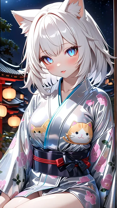 (( top quality)), (( Masterpiece)), ( Details),(shiny skin, shiny body), no underwear, top quality , Hi-Res, super fine,8k,Details eyes,2.5D, (((glossy albino cat girl doll))),(( high detailed background)),transparent vinyl cat kimono,A fantastic place on ...